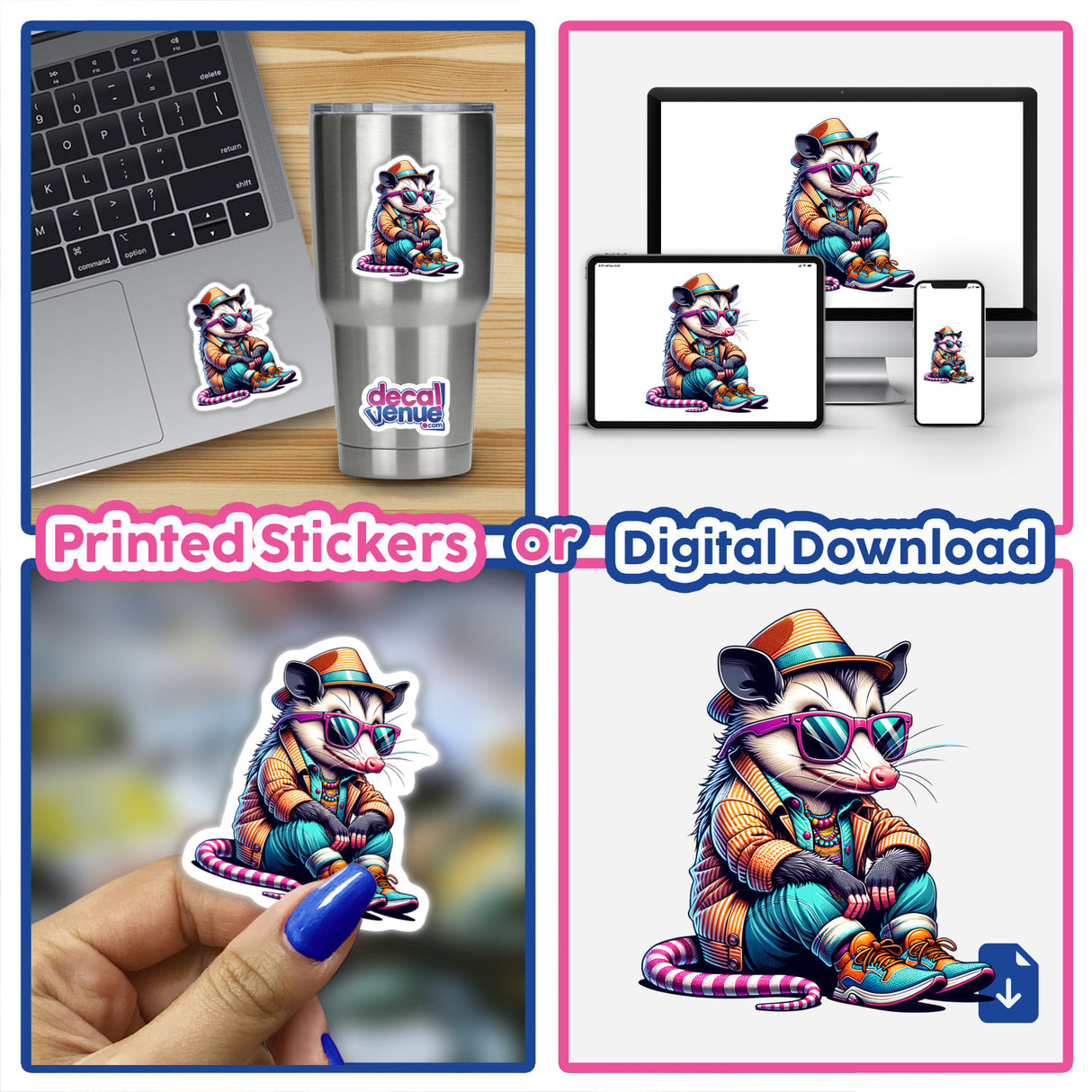 Stylish Opossum Sunglasses stickers and digital artwork feature a cartoon opossum wearing sunglasses and a hat. Various images showcase the design on laptops, cups, and individual stickers.