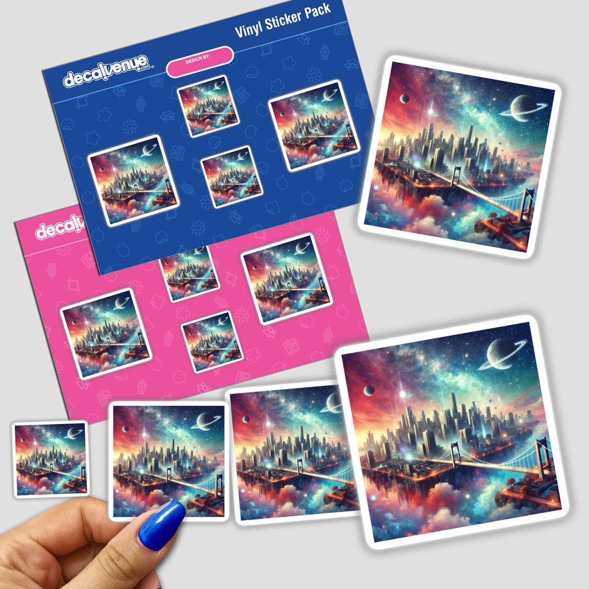 Hand holding Dreamscape City - Floating Islands with Urban Skylines stickers, featuring a cityscape with bridges, available as stickers or digital artwork.