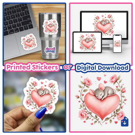 Sleeping Mouse on a Heart with Roses sticker, featuring a cute mouse nestled on a heart. Perfect for adding a whimsical touch to your space, available at Decal Venue.