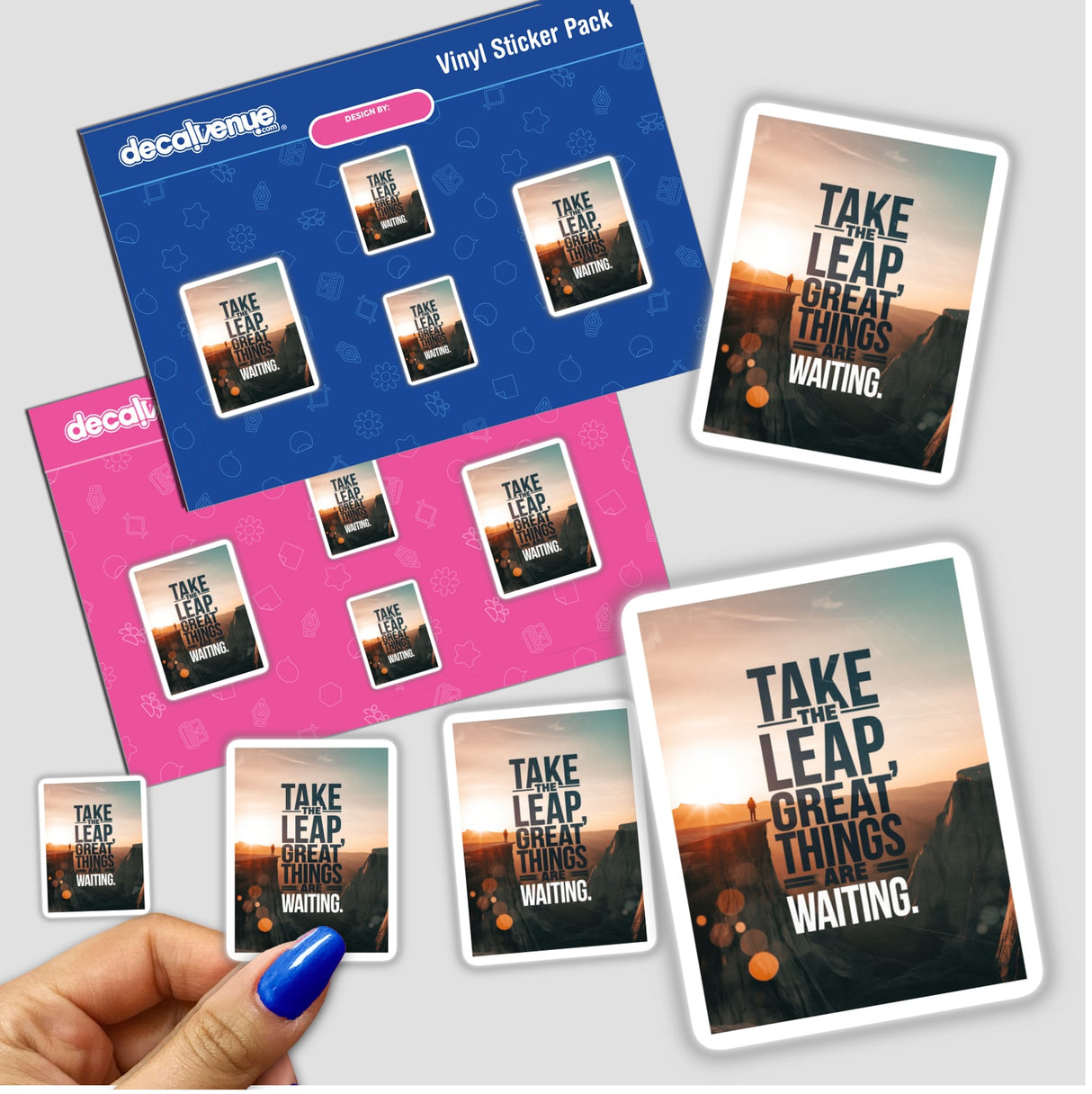 Sticker pack with the phrase Take the leap, great things are waiting, featuring a hand holding a sticker, alongside poster art of a man standing on a cliff.