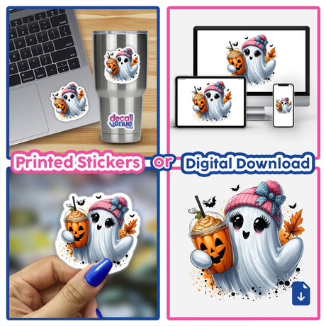 Cute Pink Beanie Pumpkin Spice Ghost sticker collage, featuring the ghost holding a cup of coffee, displayed on a laptop, cup, and fingernail close-up.