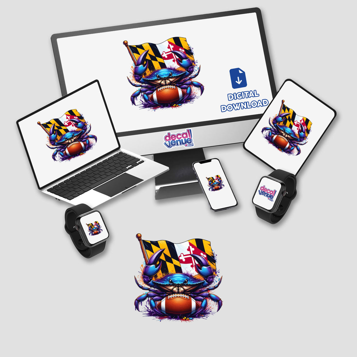 Protect This House Purple Football Maryland Crab design on computer monitor and laptop screens, featuring a cartoon crab holding a football and flag. Available as stickers or digital artwork.
