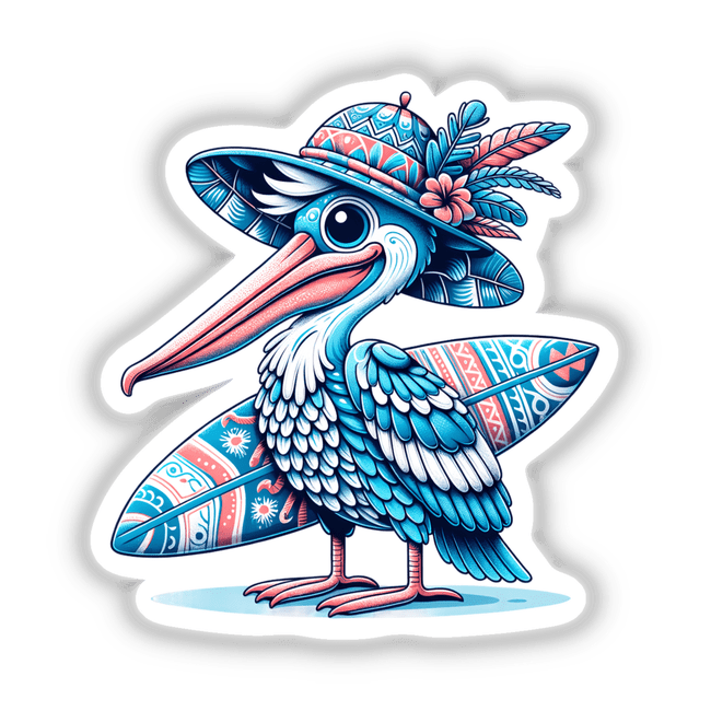 Pelican in Summer Beach Hat with Surfboard