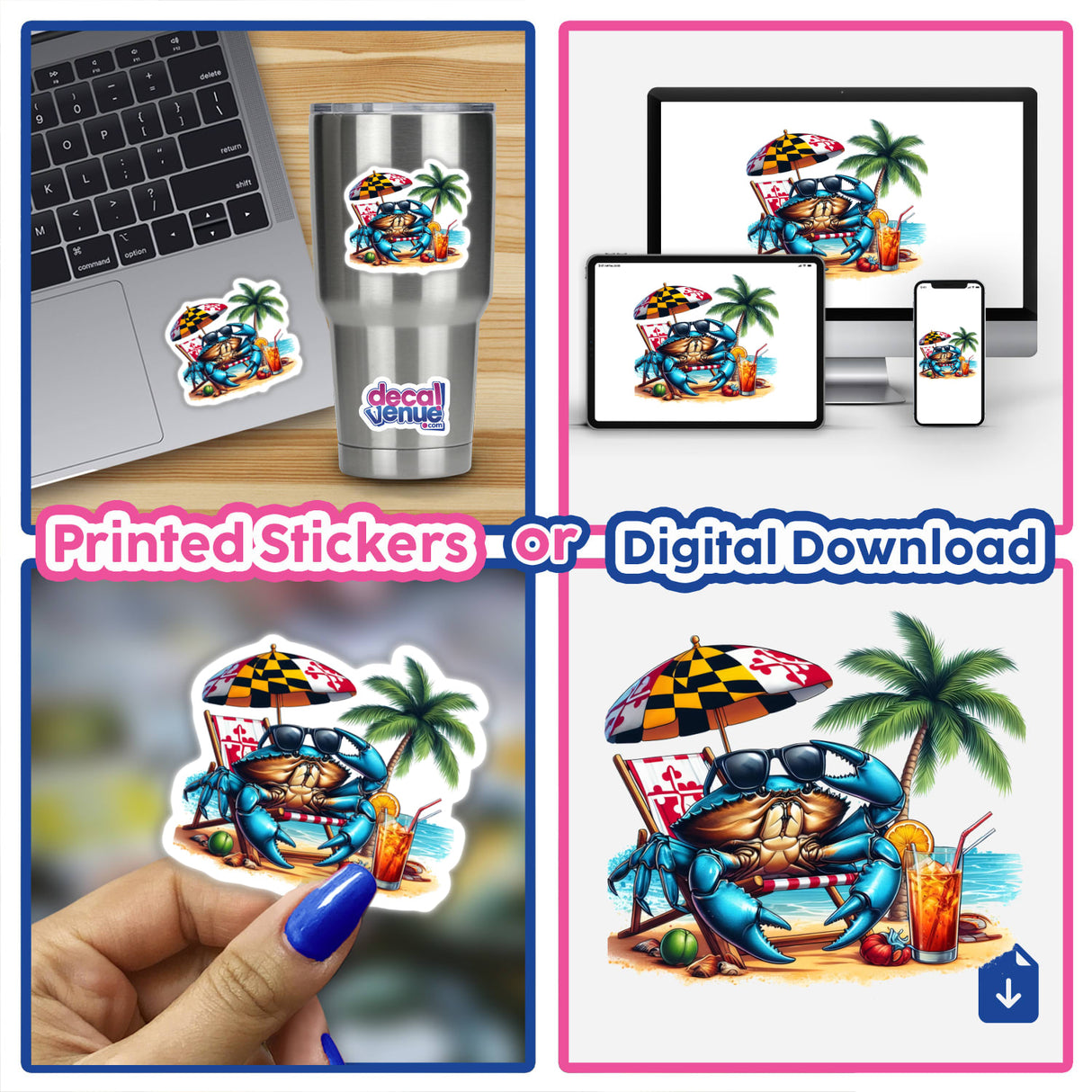 Maryland Shore Blue Crab Sitting in Beach Chair sticker displayed on a laptop, highlighting unique vinyl sticker design available from Decal Venue.