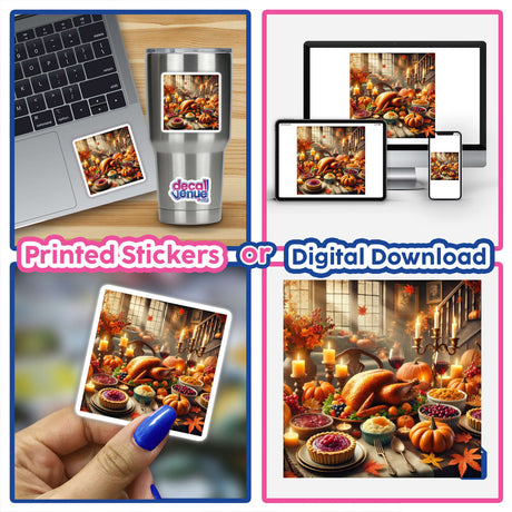 Harvest Feast - A Bountiful Table with Traditional Dishes, displayed in a collage featuring food and laptops, available as stickers or digital artwork from Decal Venue.