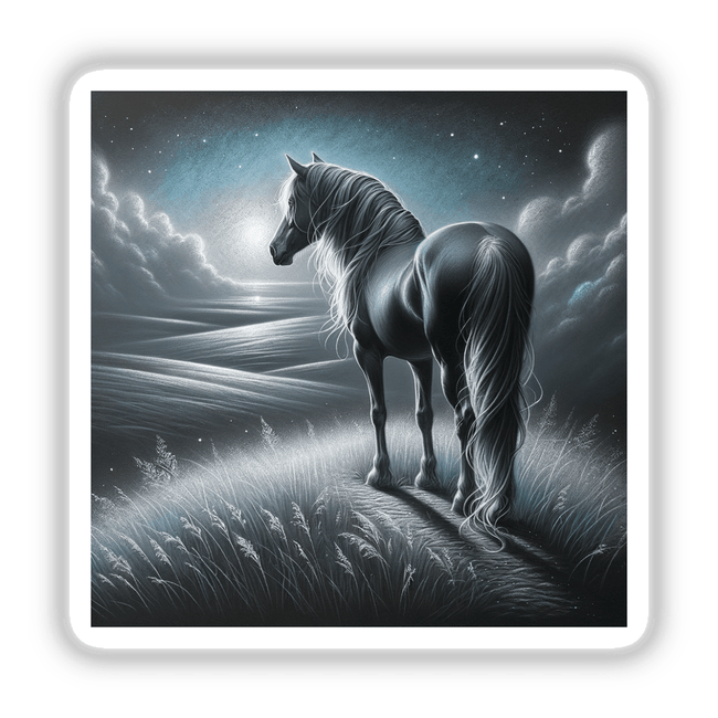 Horse on a Grassy Hill Under Moonlight sticker or digital artwork, featuring a majestic horse with a long mane standing in a serene field, embodying Decal Venue's unique artistic flair.