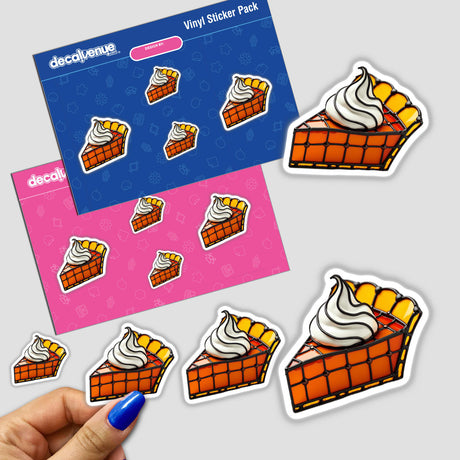 Hand holding a Pumpkin Pie Slice Stained Glass Style sticker, featuring a cartoon pie slice with whipped cream, available as a sticker or digital artwork from Decal Venue.
