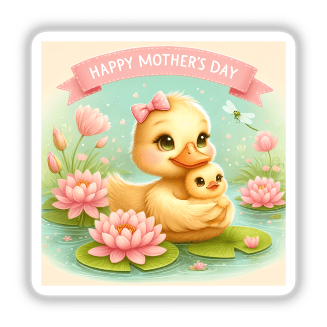 Mothers Day Ducklings with Water Lilies: A cartoon duck lovingly holds a baby amidst pink flowers, available as vinyl stickers or digital artwork from Decal Venue.