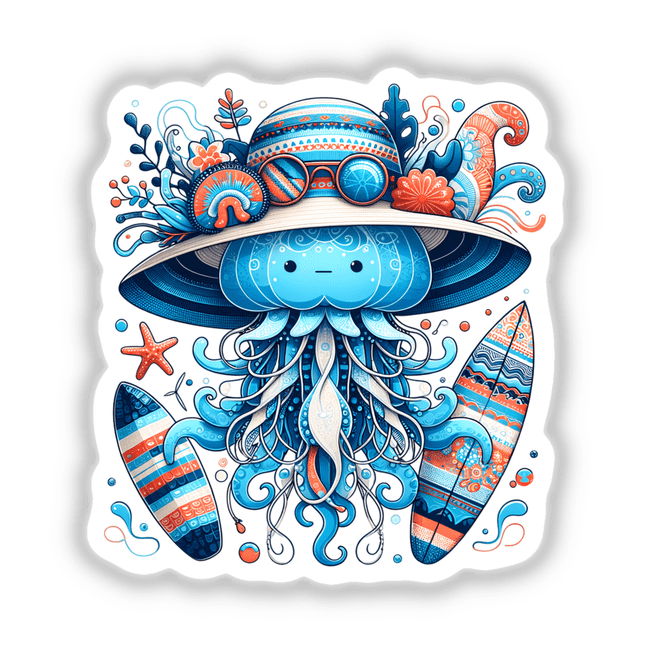 Octopus in Summer Beach Hat with Surfboard