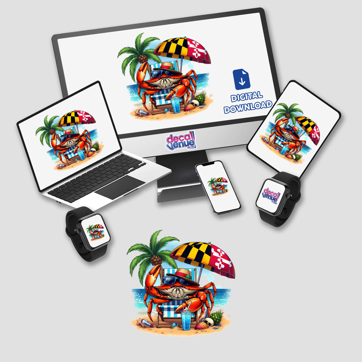 Maryland Shore Blue Crab Sitting on Beach II sticker features a cartoon crab on a beach chair with sunglasses, a hat, and drink, surrounded by palm trees and beach treasures. Perfect for laptops or digital art.