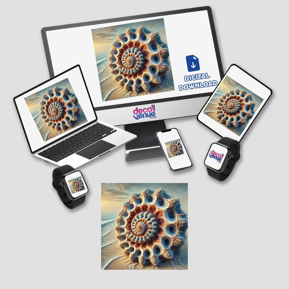 Fractal Shell - A Seashell with Endless, Repeating Patterns displayed on a computer monitor and laptop, available as stickers or digital artwork.