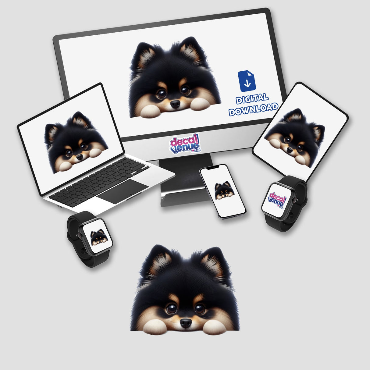 Peeking Tan and Black Pomeranian Pom Dog illustration, available as a sticker or digital artwork, showcasing the charming face of a Pomeranian with an expressive gaze, ideal for pet lovers.