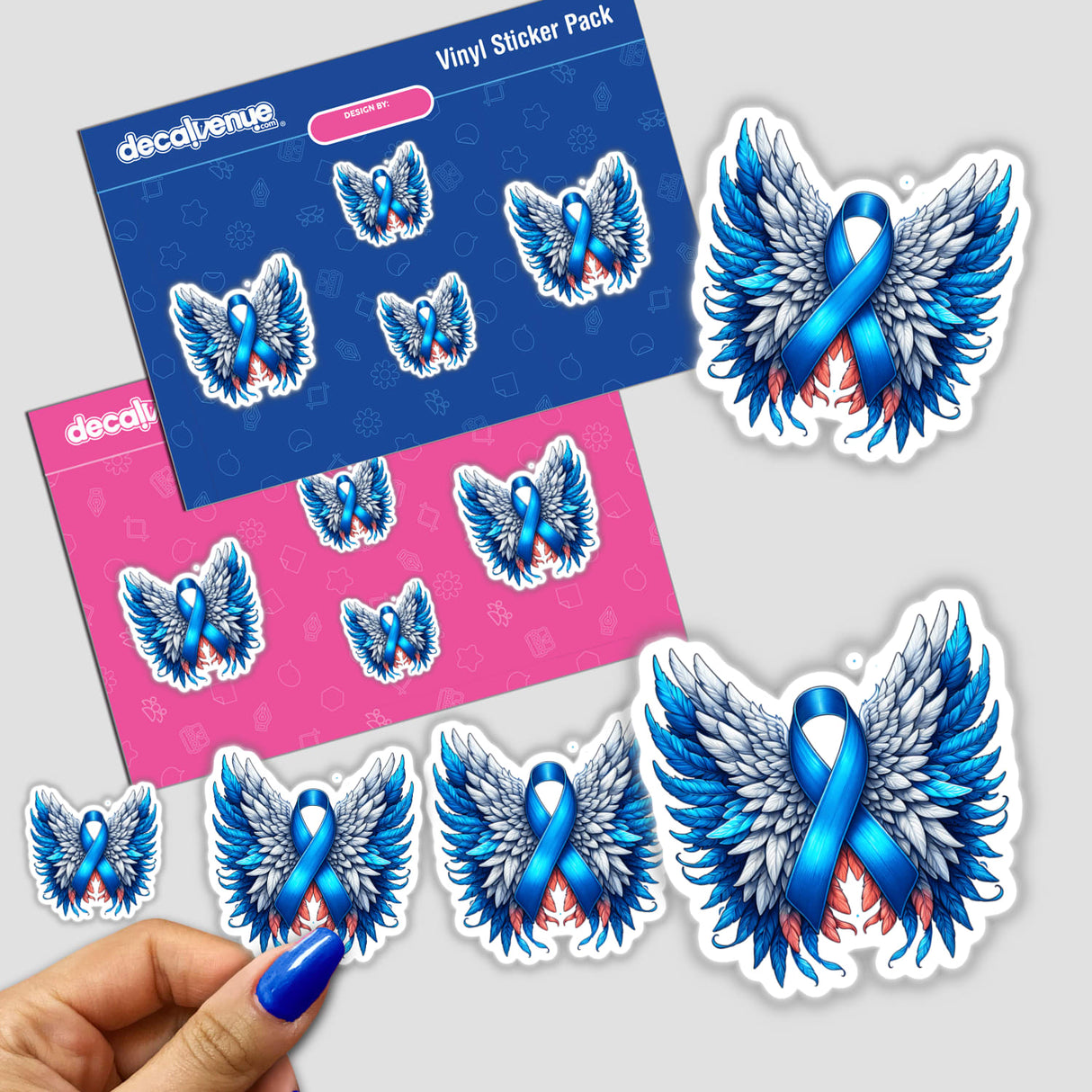 Blue Awareness Ribbon with Wings sticker, showcasing intricate wing details. Available as a sticker or digital artwork, this design embodies Decal Venue's unique vinyl sticker artistry.