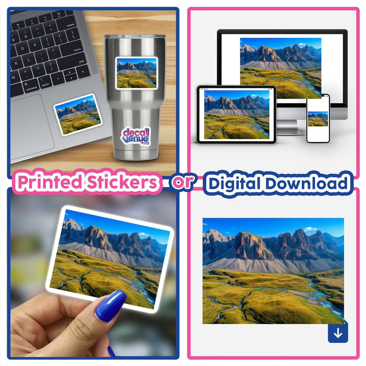 Collage featuring 'Majestic Rocky Cliffs Overlooking Verdant Valleys and Turquoise Streams' as stickers or digital artwork, showcasing mountain landscapes and tech devices.