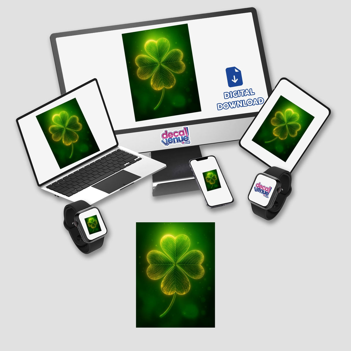Glowing Four-Leaf Clover – Radiant Green Shamrock with Golden Highlights displayed on a computer monitor and laptop screen, representing the unique vinyl sticker and digital artwork from Decal Venue.
