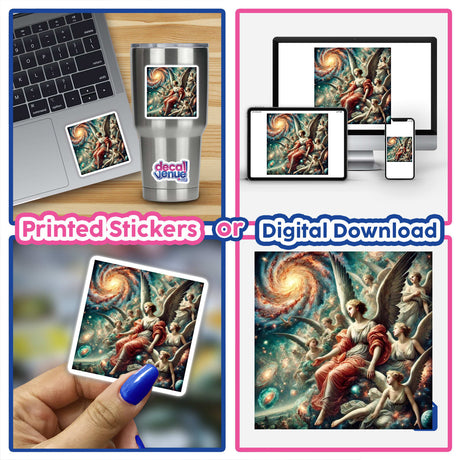 Collage of Celestial Baroque - Angels with Cosmic Backdrops featuring angelic art on laptops, tablets, and stickers. Ideal for unique digital artwork or decals from Decal Venue.