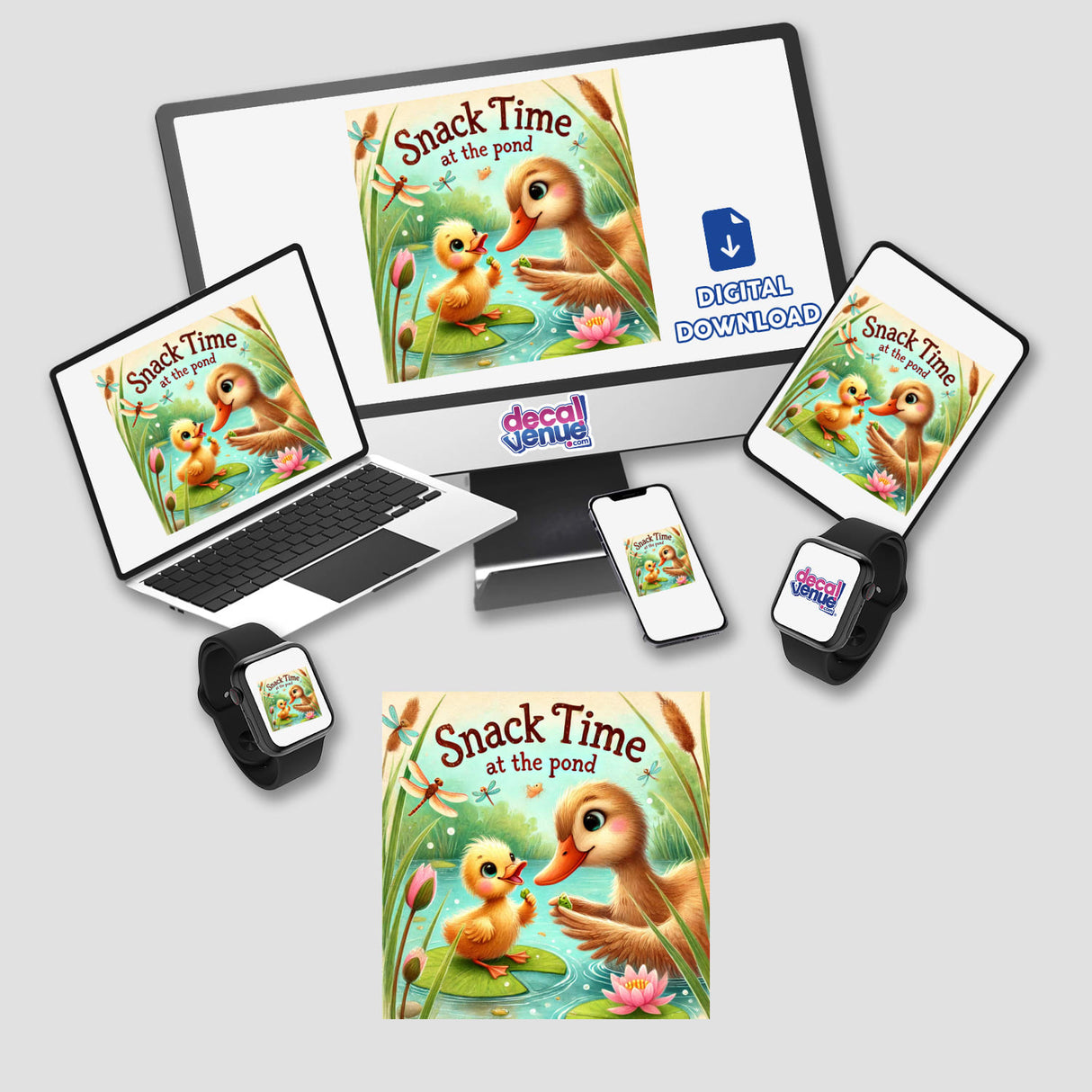 Snack Time at the Pond with Ducklings: Cartoon duck and ducklings on screens, featuring vinyl sticker and digital art options, ideal for tech devices.