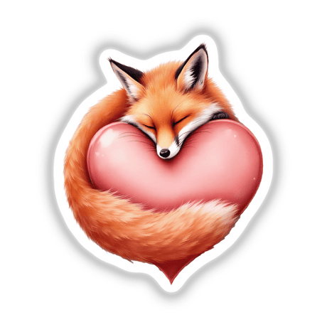 Sleeping Fox on a Heart design, showcasing a fox peacefully embracing a heart. Available as stickers or digital artwork, perfect for adding a touch of whimsy to your decor.