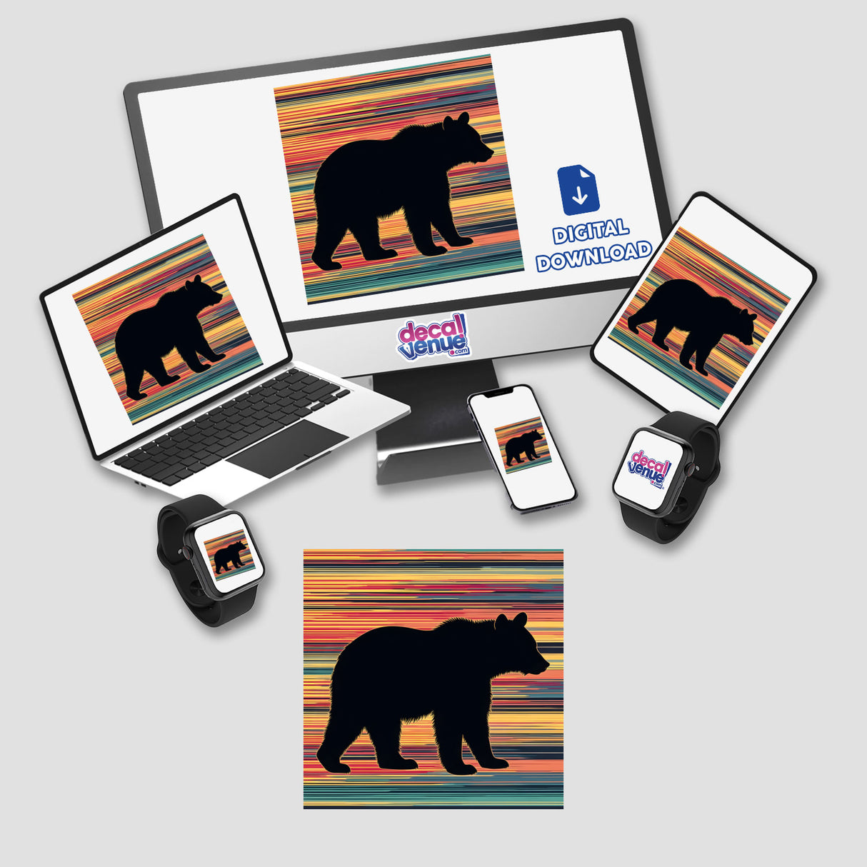 Bear Silhouette with Multi-Color Stripe displayed on a laptop, computer monitor, and phone, available as stickers or digital artwork.