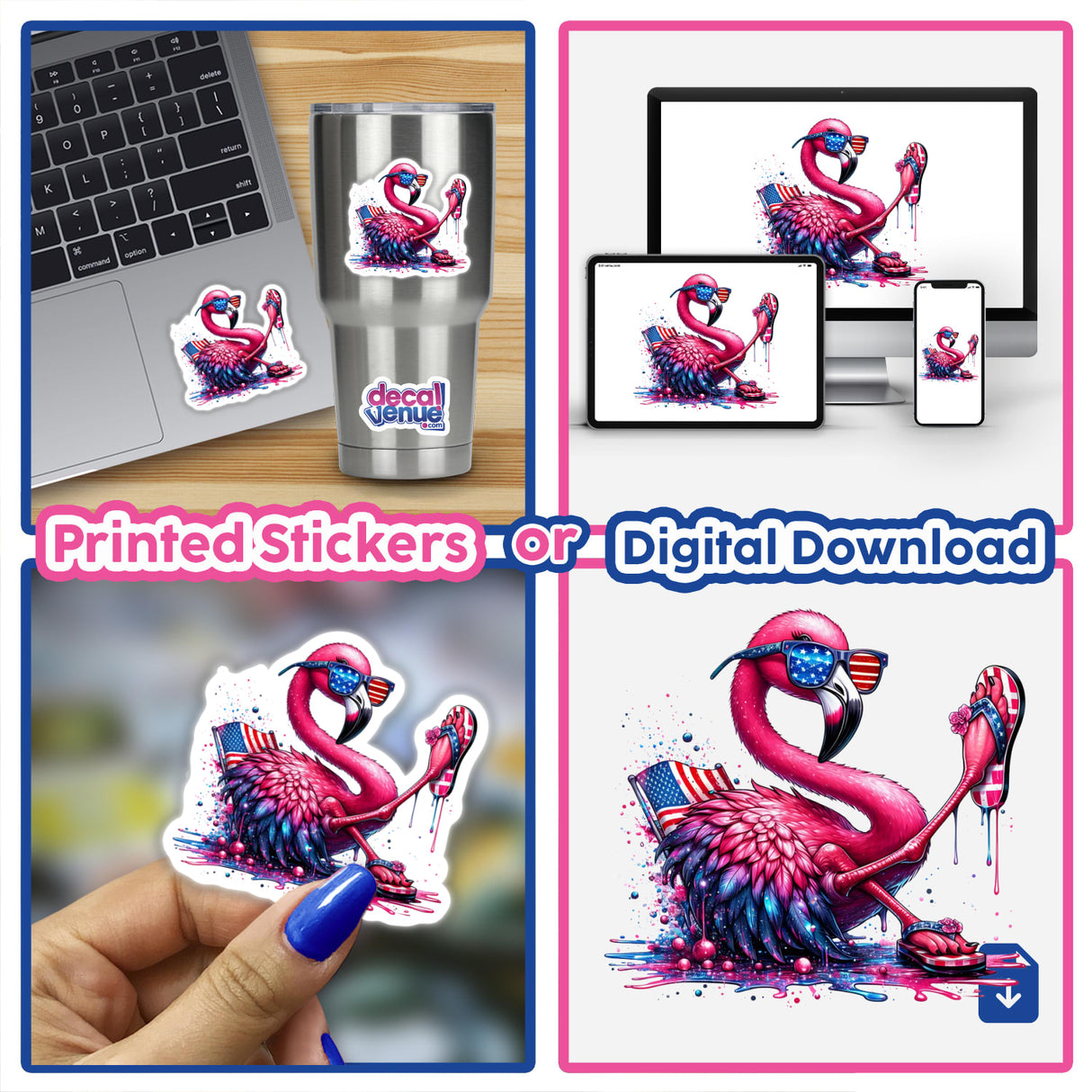 American Flamingo Dripping in Glitter: A cartoon flamingo in sunglasses and flip flops, available as stickers or digital artwork, perfect for adding a whimsical touch to your collection.