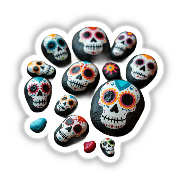 Colorful Day of the Dead Skull Painted Rocks featuring intricately painted skull designs, available as stickers or digital artwork.