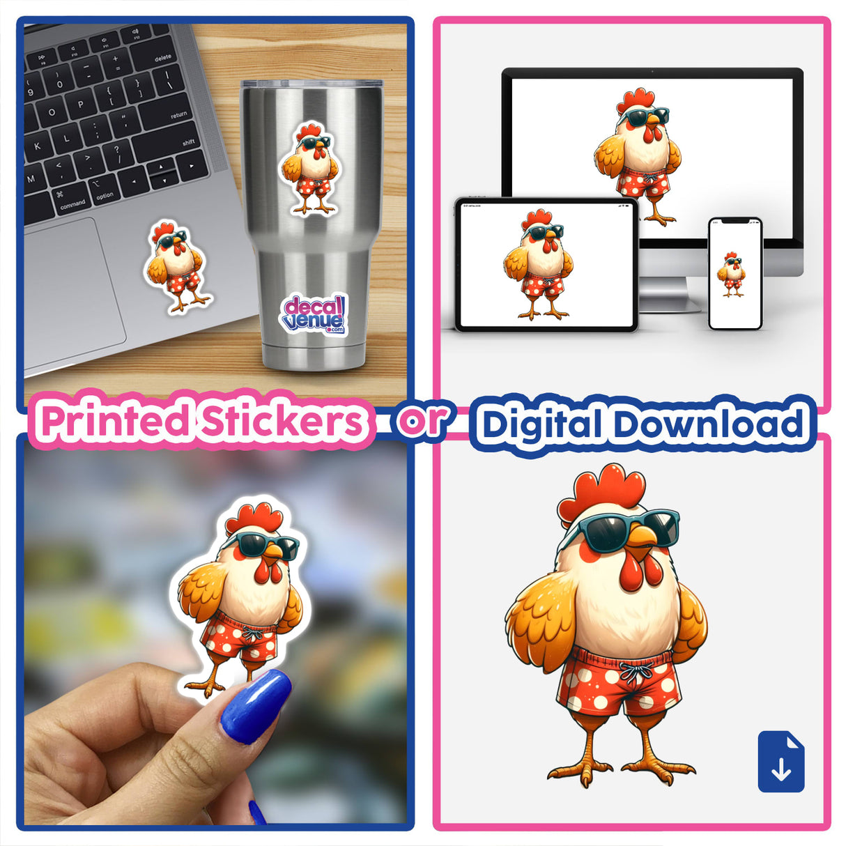 Beach Ready Chicken sticker features a cartoon chicken in sunglasses and swimwear, perfect for laptops or cups. Available as stickers or digital downloads from Decal Venue.
