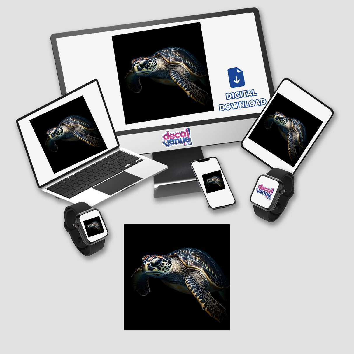 Cinematic Sea Turtle Portrait on a black background displayed on a computer monitor, laptop, tablet, and phone. Available as stickers or digital artwork.