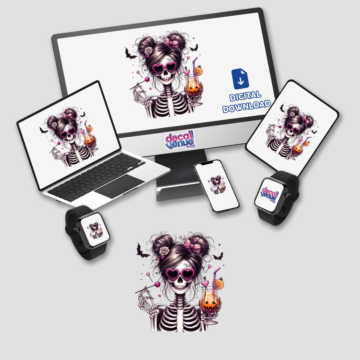 Spooky skeleton girl with space buns, digital artwork featuring Halloween elements, available as stickers or digital downloads from Decal Venue store.