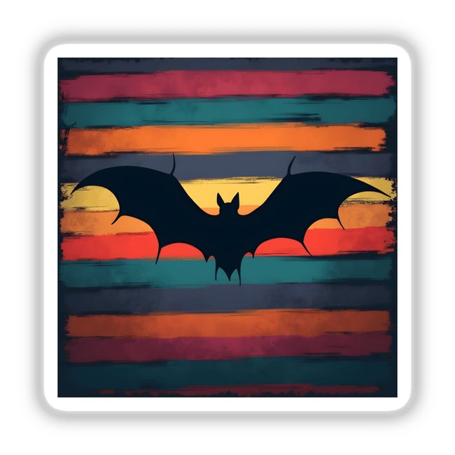 Bat Silhouette with Vibrant Stripes Halloween: A bat flies with wings spread over a colorful, artistic background, available as stickers or digital artwork from Decal Venue.