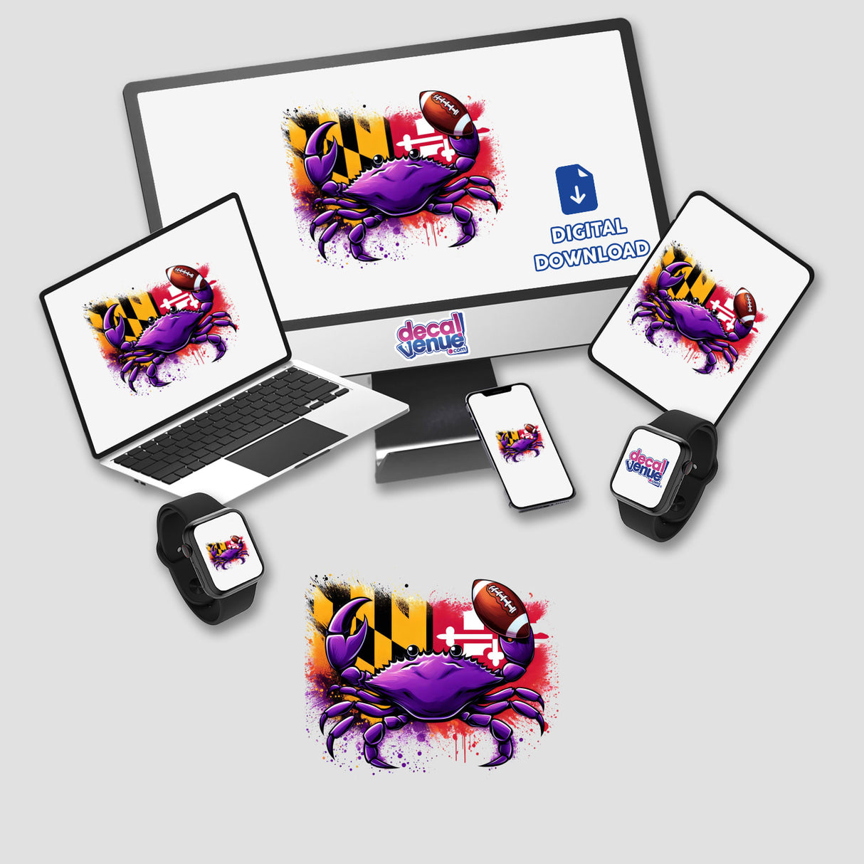 Purple Crab Maryland Flag Splatter Football artwork displayed on various devices, including a laptop, tablet, and smartwatch. Available as stickers or digital art.