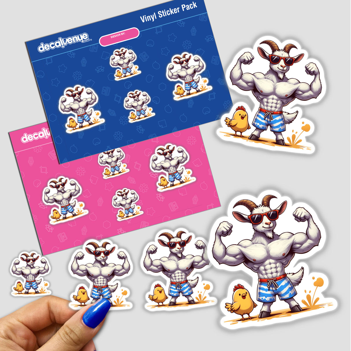 Flexing Muscular Goat and Chickie stickers featuring cartoon goats and chickens in various playful poses, available as unique vinyl stickers or digital artwork from Decal Venue.