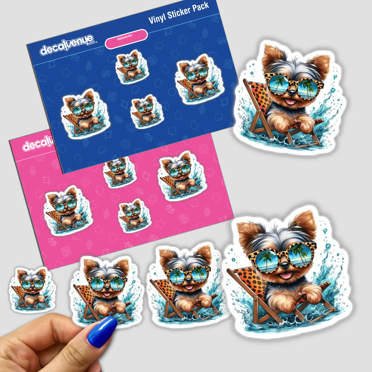 Peeking Yorkie Dog Sitting in Beach Chair II sticker: A playful illustration of a Yorkie in sunglasses, lounging on a beach chair with palm trees reflected in the lenses, ideal for dog lovers.