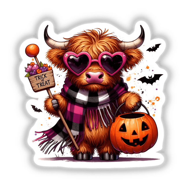 Halloween Highland Cow Trick or Treat II: A cartoon bull in sunglasses and scarf, holding a pumpkin and a sign, available as stickers or digital artwork from Decal Venue.