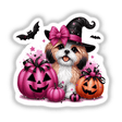 Halloween Tan White Shih Tzu w/Glitter Pumpkins features a dog wearing a hat amidst sparkly pumpkins, available as unique stickers or digital artwork from Decal Venue.