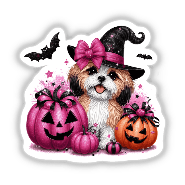 Halloween Tan White Shih Tzu w/Glitter Pumpkins features a dog wearing a hat amidst sparkly pumpkins, available as unique stickers or digital artwork from Decal Venue.