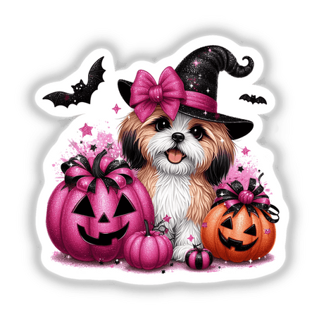 Halloween Tan White Shih Tzu w/Glitter Pumpkins features a dog wearing a hat amidst sparkly pumpkins, available as unique stickers or digital artwork from Decal Venue.