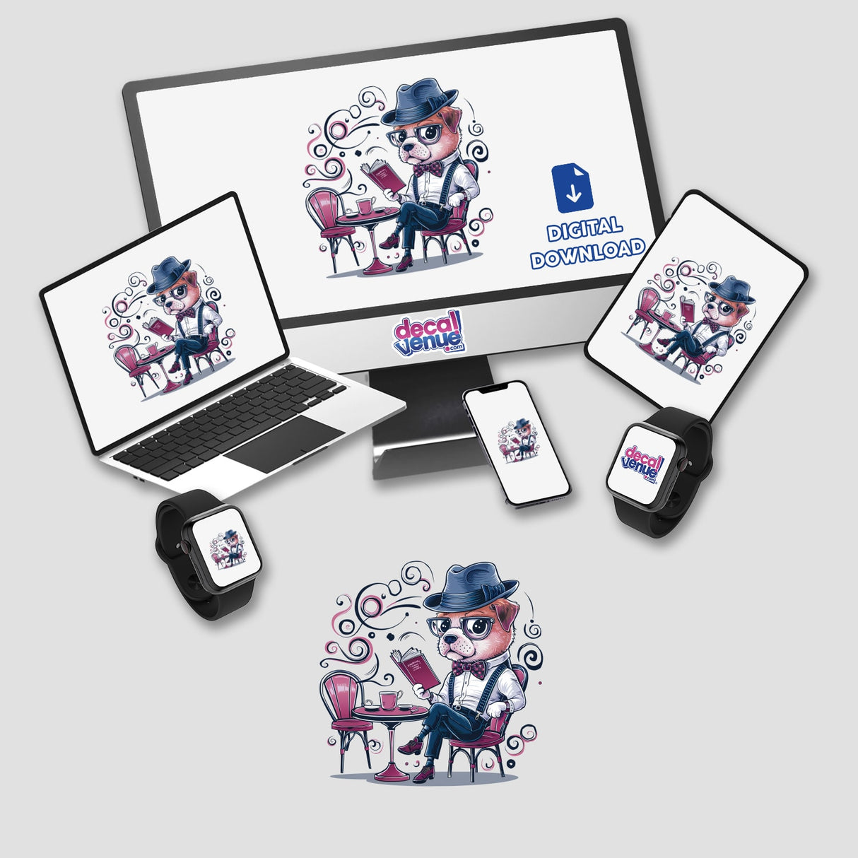 Dog Fedora Hat Reading Book