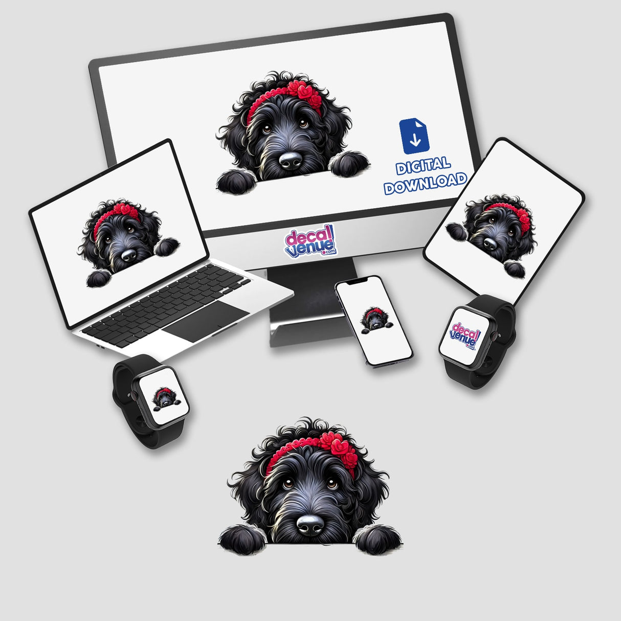 Peeking Black Goldendoodle Dog sticker or digital artwork, featuring a black dog with a red flower headband, perfect for adding a playful touch to your digital or physical space.