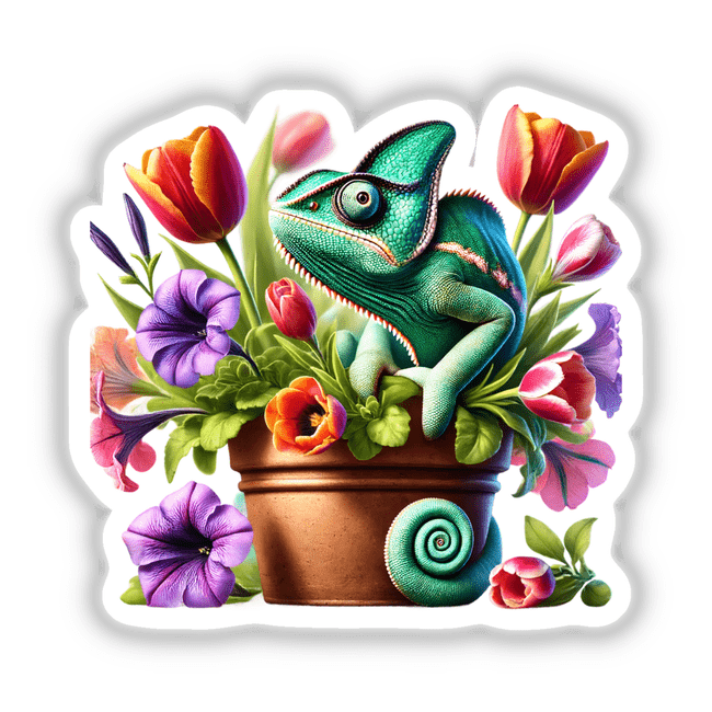 Chameleon Peeking Out of Flower Pot