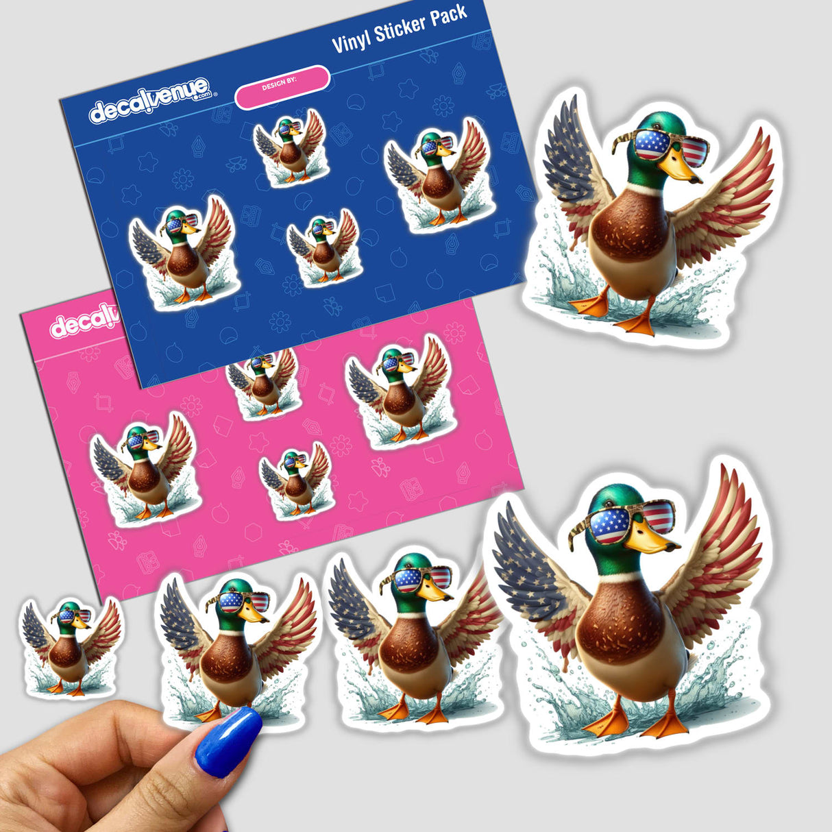 Mallard Duck American Flag Wings depicted as stickers or digital artwork, showcasing a mallard duck with wings styled like the American flag, combining nature and patriotism in unique vinyl art.