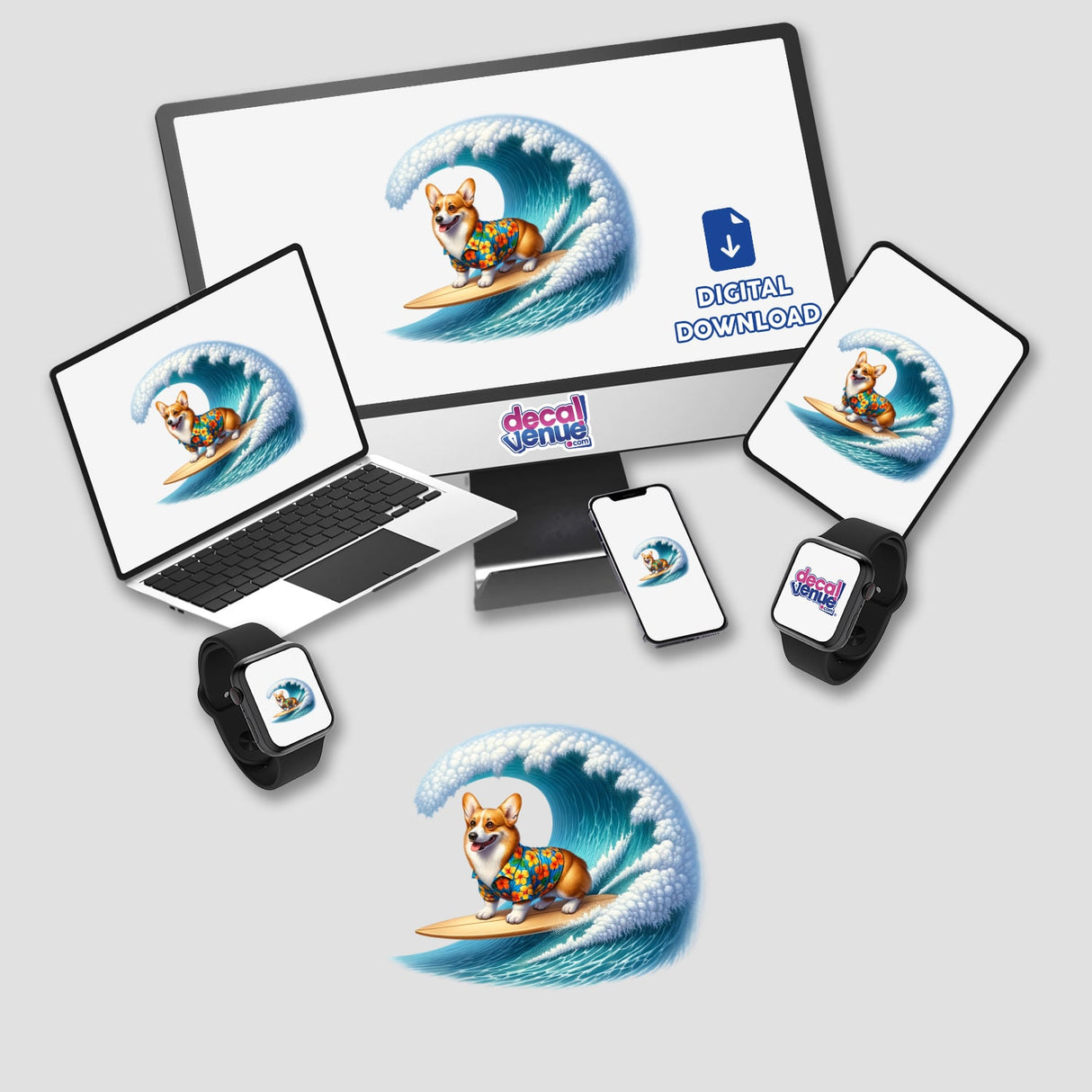 Corgi Surfing Wearing Hawaiin Shirt