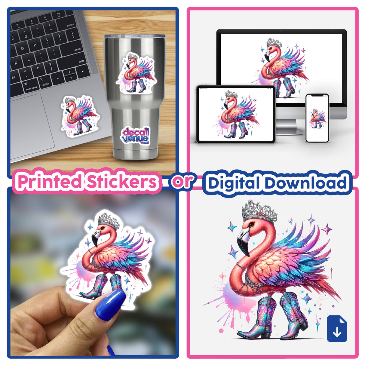 Cowboy Princess Flamingo Bird II depicted in a sticker form, showcasing a flamingo adorned with a crown and boots. Available as stickers or digital artwork from Decal Venue.