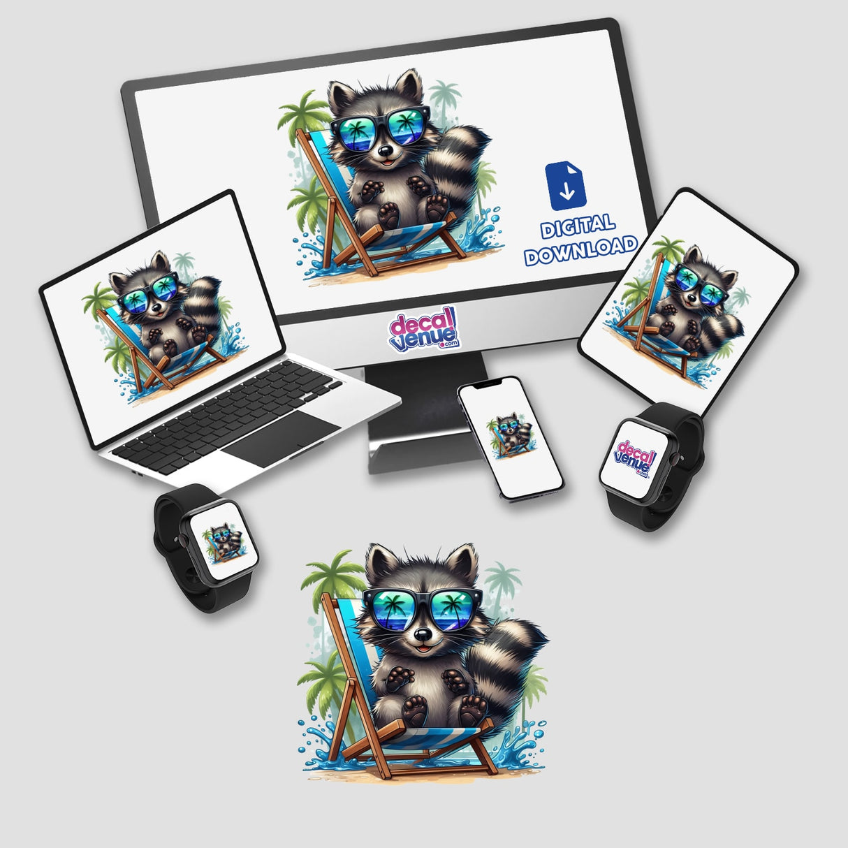 Happy Beach Raccoon Sitting in Beach Chair depicted as stickers or digital artwork, featuring a raccoon in sunglasses lounging on a chair, visible on laptop, monitor, phone, and smartwatch screens.