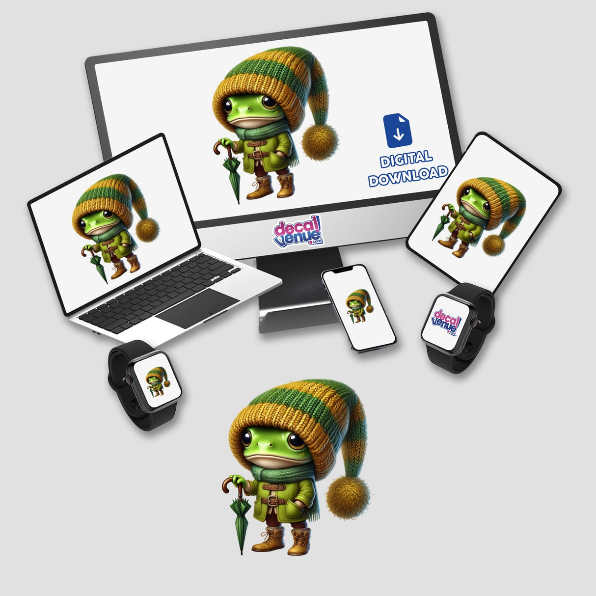 Frog Gnome with Umbrella sticker or digital artwork featuring a cartoon frog wearing a hat and holding an umbrella, displayed on various devices including a laptop and smartphone.