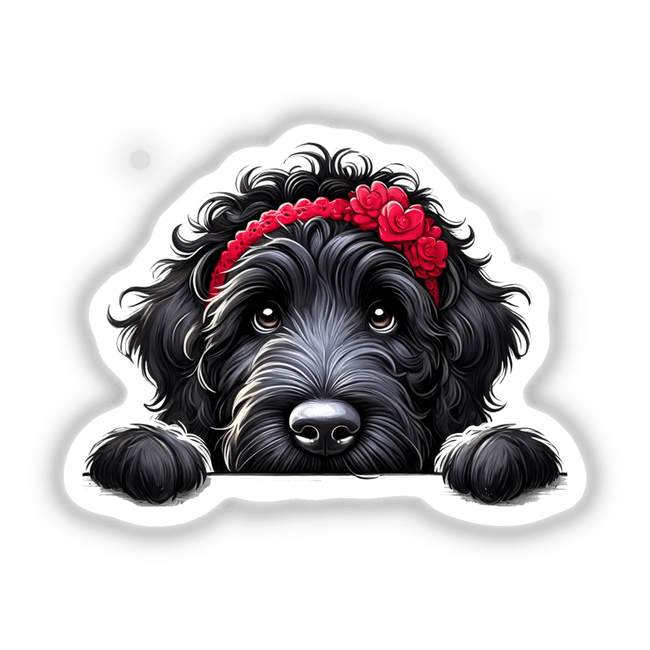 Peeking Black Goldendoodle Dog with a red headband, available as stickers or digital artwork, showcasing the dog's playful expression in a unique, sketch-style design.