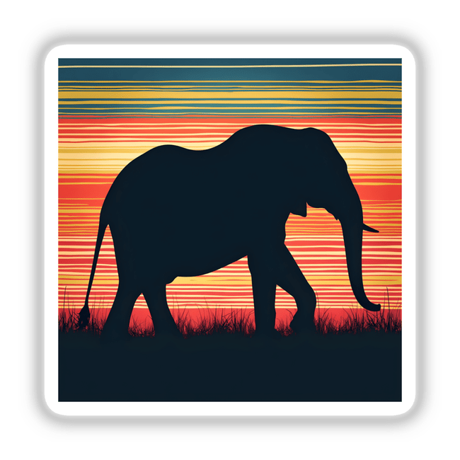 Elephant Silhouette with Vibrant Stripes: An elephant walking through grass at sunset, perfect as a sticker or digital artwork.
