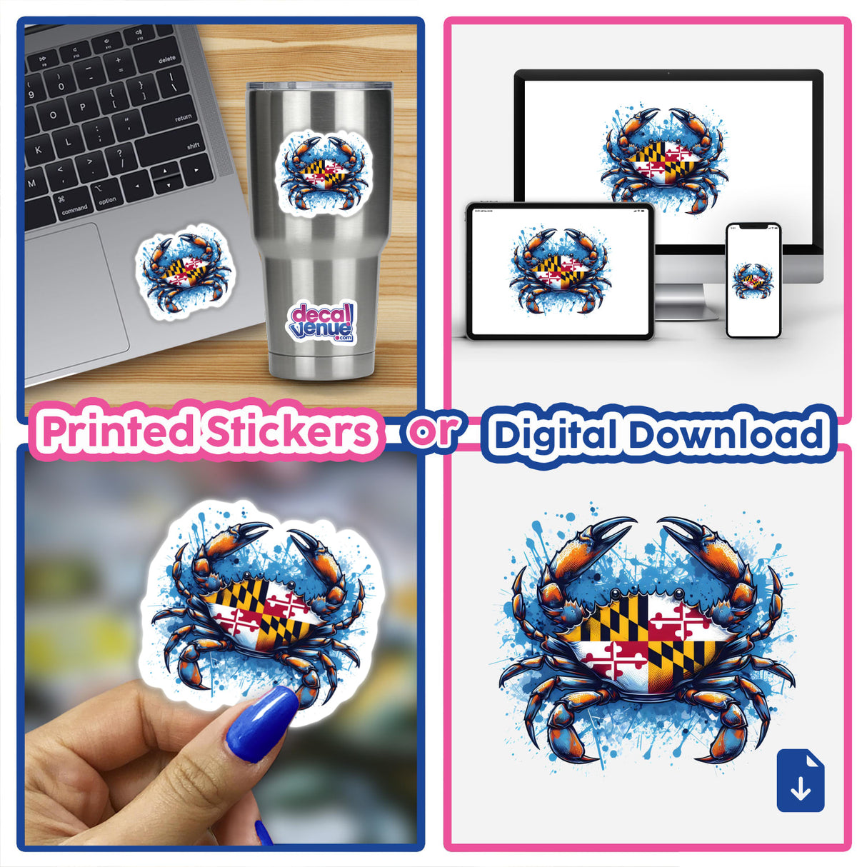 Colorful digital artwork of a Maryland blue crab with a bold, splattered design. The image shows the crab illustration on various products like a laptop, phone, and tumbler, as well as a sticker. The artwork is created by the brand Ella Designz, which is part of the Decal Venue store that offers unique stickers and digital art.
