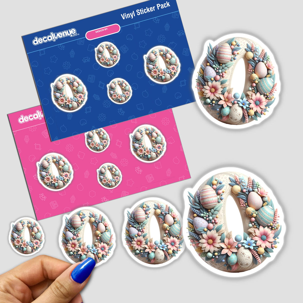 Sticker pack titled Beautiful Easter Wreath with Floral Accents and Eggs, featuring designs of letters decorated with flowers and eggs, held in a hand, suitable for unique vinyl sticker enthusiasts.
