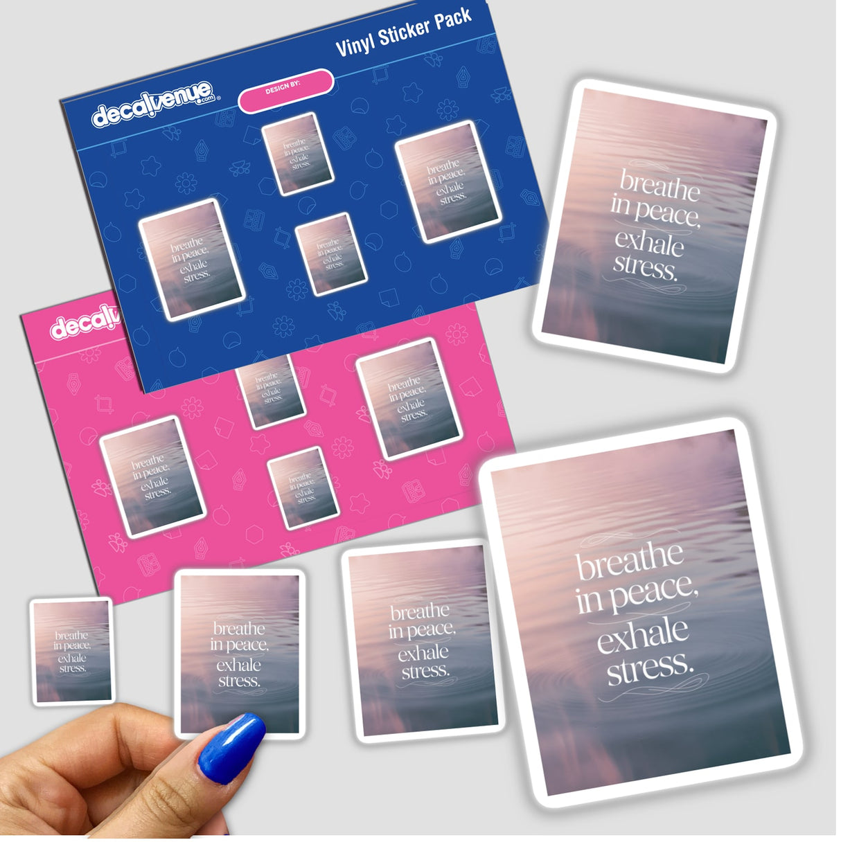 Hand holding a sticker pack titled Breathe in peace, exhale stress, showcasing unique vinyl designs, reflecting Decal Venue's style. Available as stickers or digital artwork.