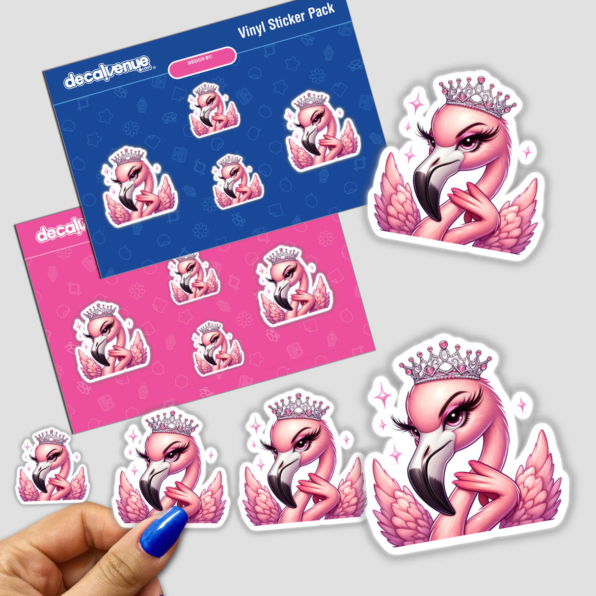 Sassy Princess Flamingo depicted as a whimsical character, available as either vinyl stickers or digital artwork, reflecting Decal Venue's unique, artistic style.